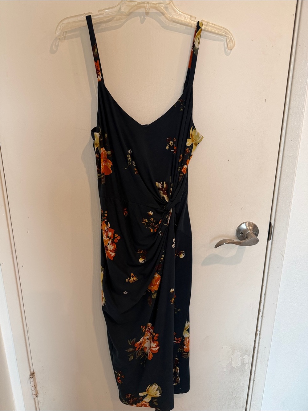 nine britton Black Floral Wrap Midi Dress with Orange & Yellow Blooms